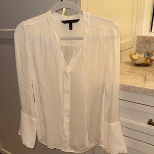 White House Black Market WHBM Long Sleeve Tie V-Neck Blouse Ivory 2